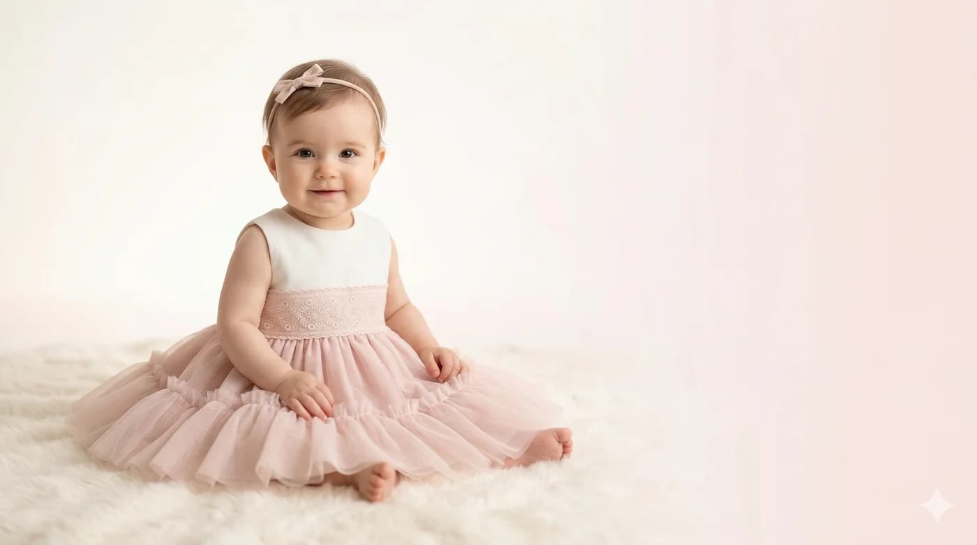 Moda infantil española premium — bebé con vestido rosa de tul, colección Primavera-Verano